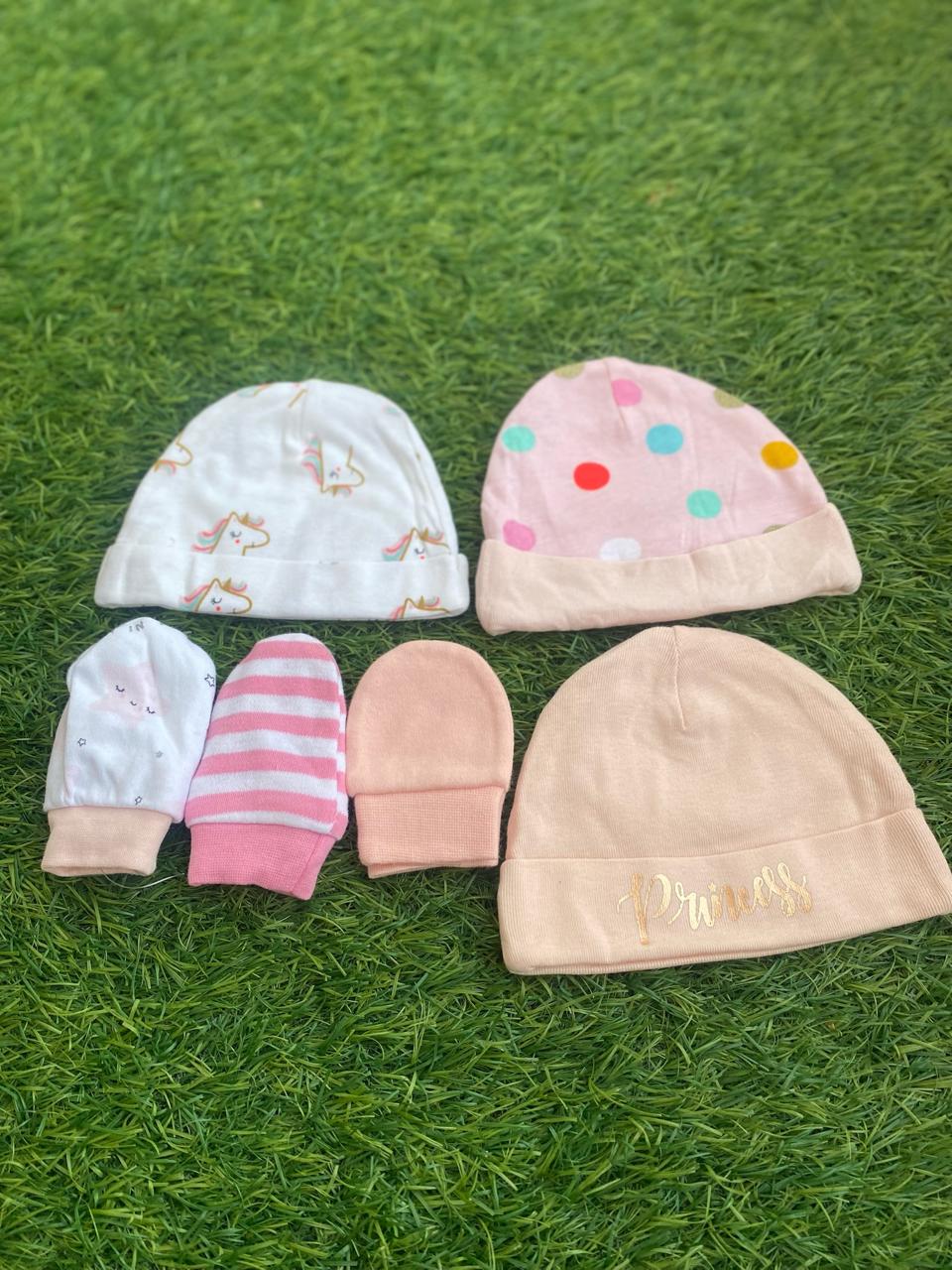 Baby Cap and Mittens set (3-6 Months) Pack of 3 caps and 3 pairs of mittens