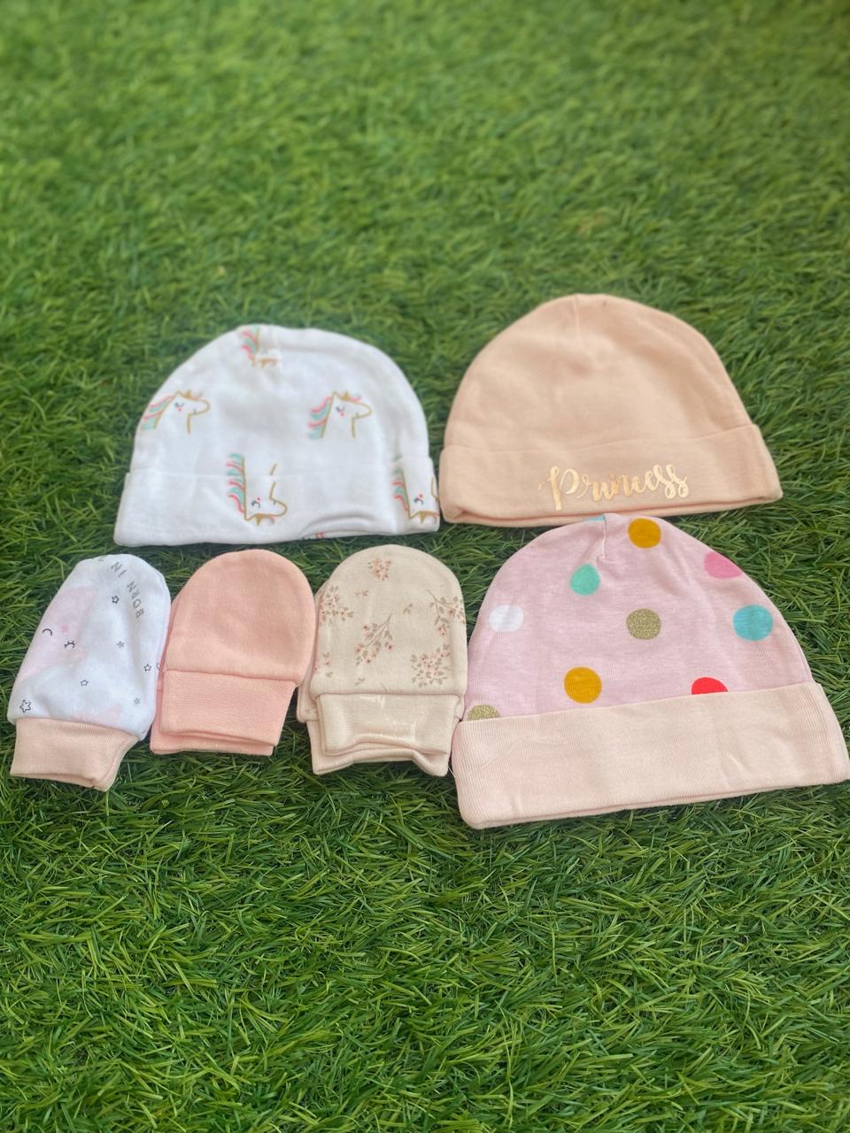 Baby Cap and Mittens set (3-6 Months) Pack of 3 caps and 3 pairs of mittens