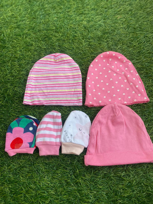 Baby Cap and Mittens set Pink (3-6 Months) Pack of 3 caps and 3 pairs of mittens