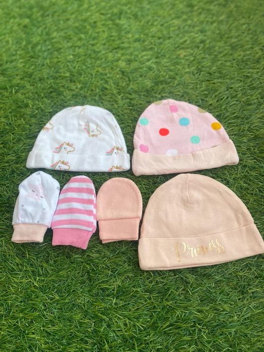 Baby Cap and Mittens set (3-6 Months) Pack of 3 caps and 3 pairs of mittens